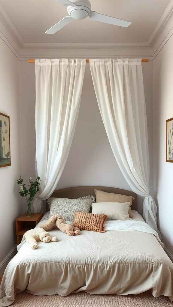 A cozy bedroom with a bed framed by white curtains, featuring soft pillows and plush toys.