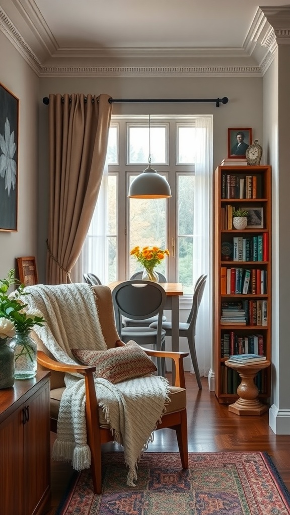 A cozy reading nook featuring a comfortable armchair with a blanket, a side table, and a bookshelf, illuminated by natural light from a window.