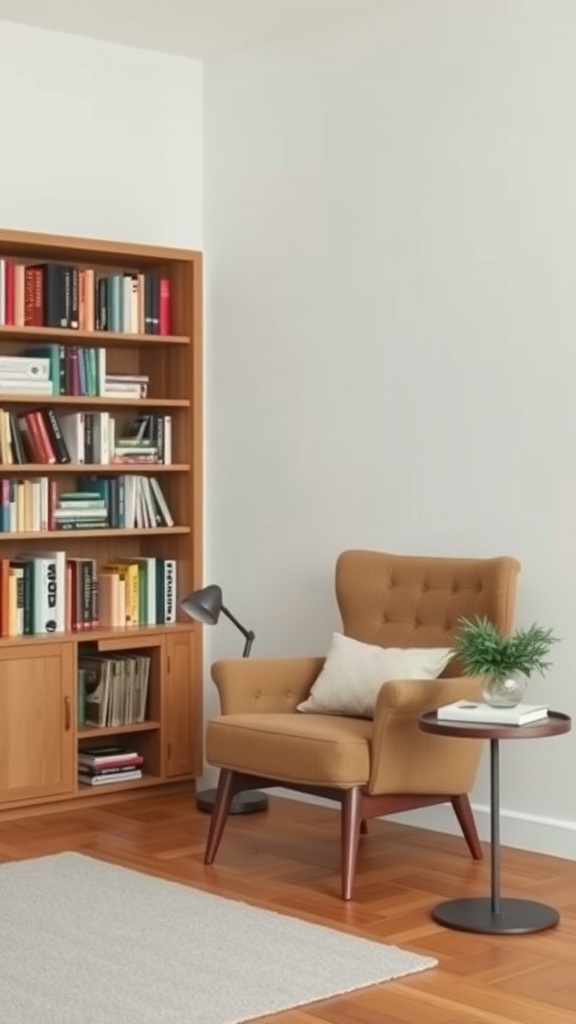 A cozy reading nook featuring a warm-toned armchair, a wooden bookshelf filled with books, a small side table with a plant, and a soft rug on the floor.