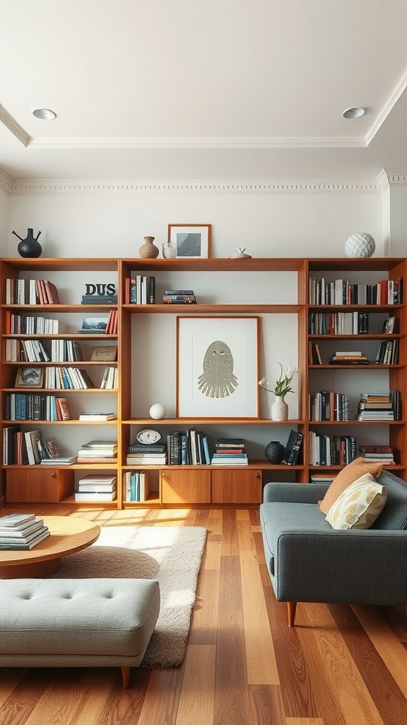 A stylish living room with wooden bookshelves, a cozy sofa, and a round coffee table.