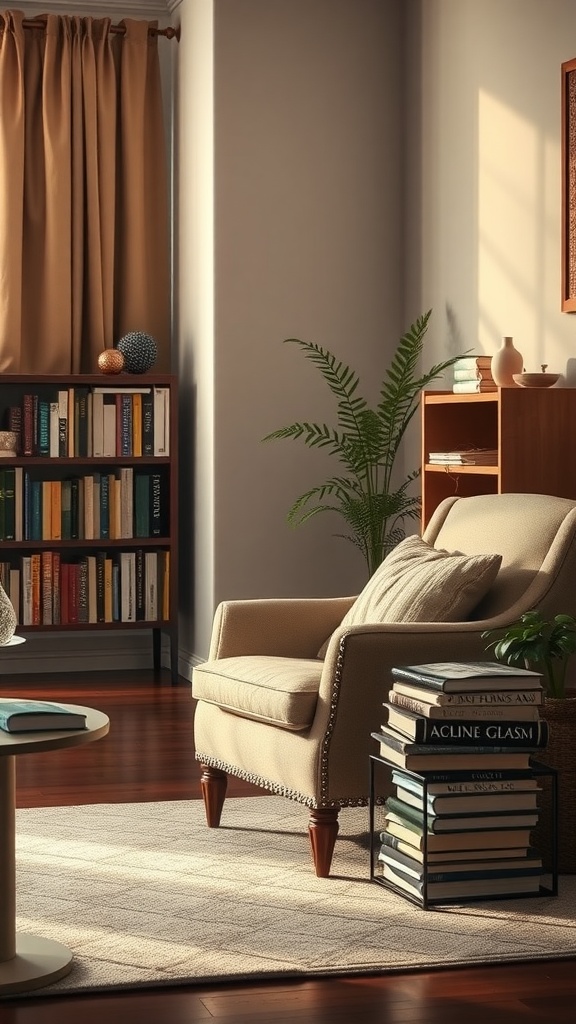 A cozy reading corner featuring a comfortable armchair, a small side table, bookshelves, and a plant.