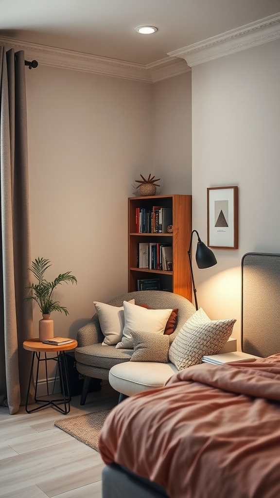 Cozy reading nook in a small bedroom featuring a soft chair, side table, bookshelf, and potted plant.