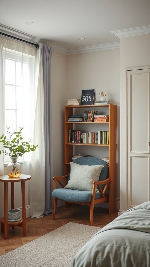 A cozy reading nook featuring a blue armchair, wooden bookshelf with books, and a side table with greenery.