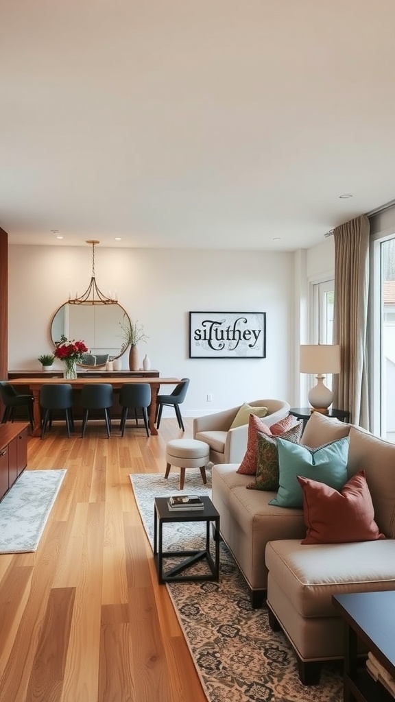 A stylish living room and dining room combo with colorful pillows, hardwood flooring, and large windows.