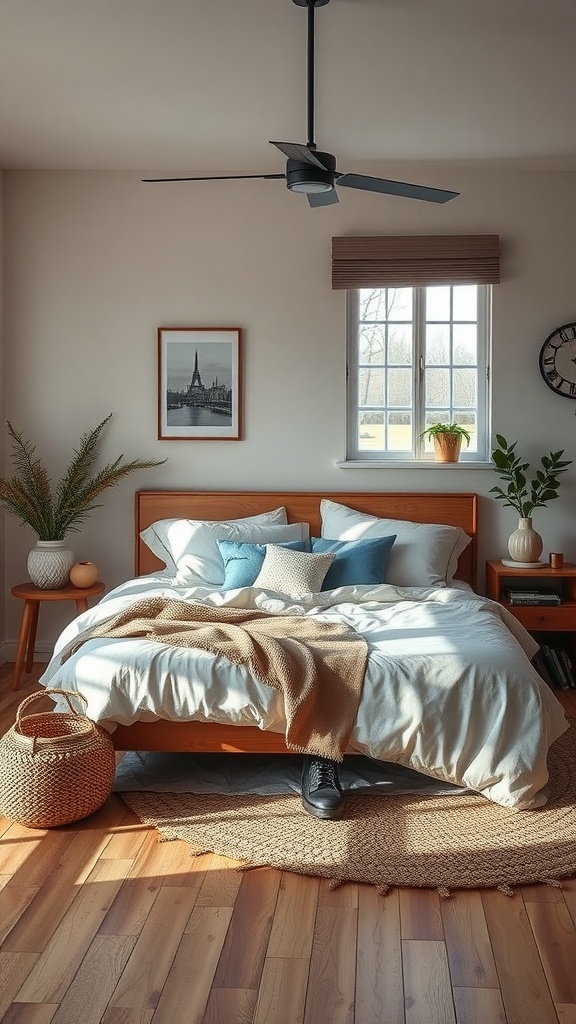 A cozy bedroom with a comfortable bed, soft pillows, and natural decor elements like plants.