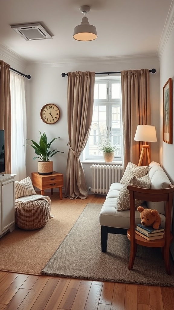 Cozy small living room with warm curtains, a soft sofa, and decorative items