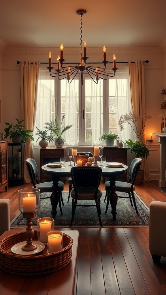 A cozy living room and dining room combo with candles and warm lighting