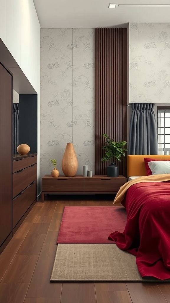 A cozy Japandi bedroom featuring a mix of warm wood tones, vibrant bedding, and lush greenery.