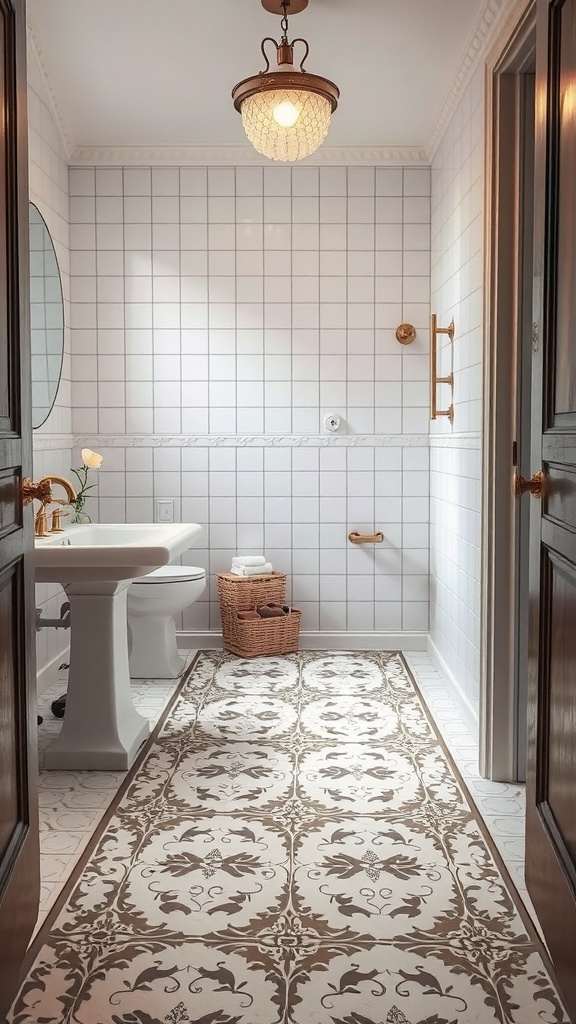 A bathroom featuring patterned vinyl flooring with a floral border design.