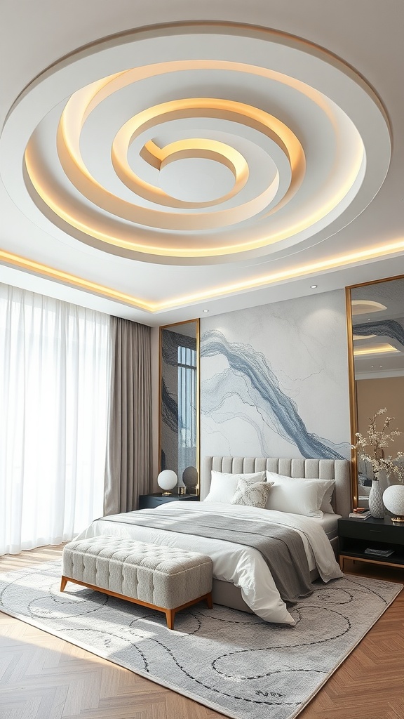 A luxurious modern bedroom with a creative spiral ceiling and warm lighting.