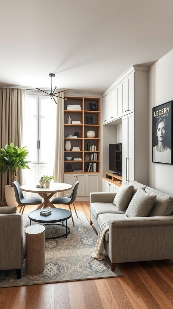 Small living room and dining room combo featuring built-in shelves, a coffee table, and decorative plants.