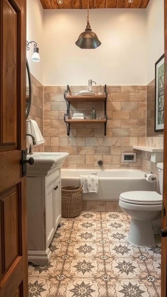 A small rustic bathroom featuring intricate tile patterns on the floor and neutral tiles on the walls, with wooden elements adding to the charm.