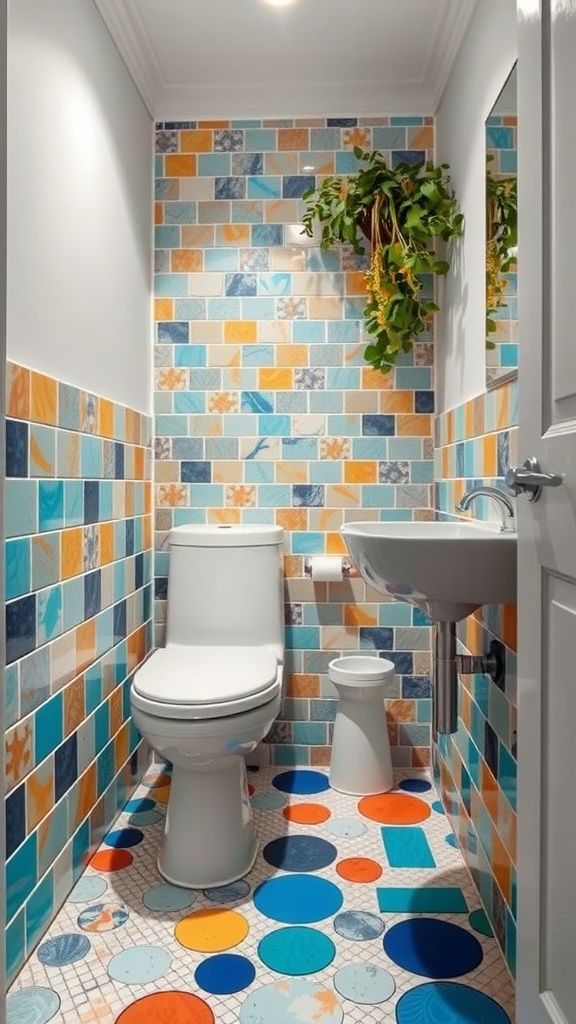 Small full bathroom with colorful tile patterns on the walls and floor.