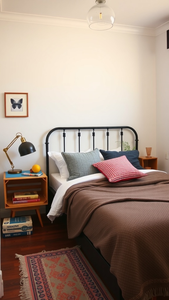 Cozy bedroom with black metal bed, wooden bedside tables, and decorative items.