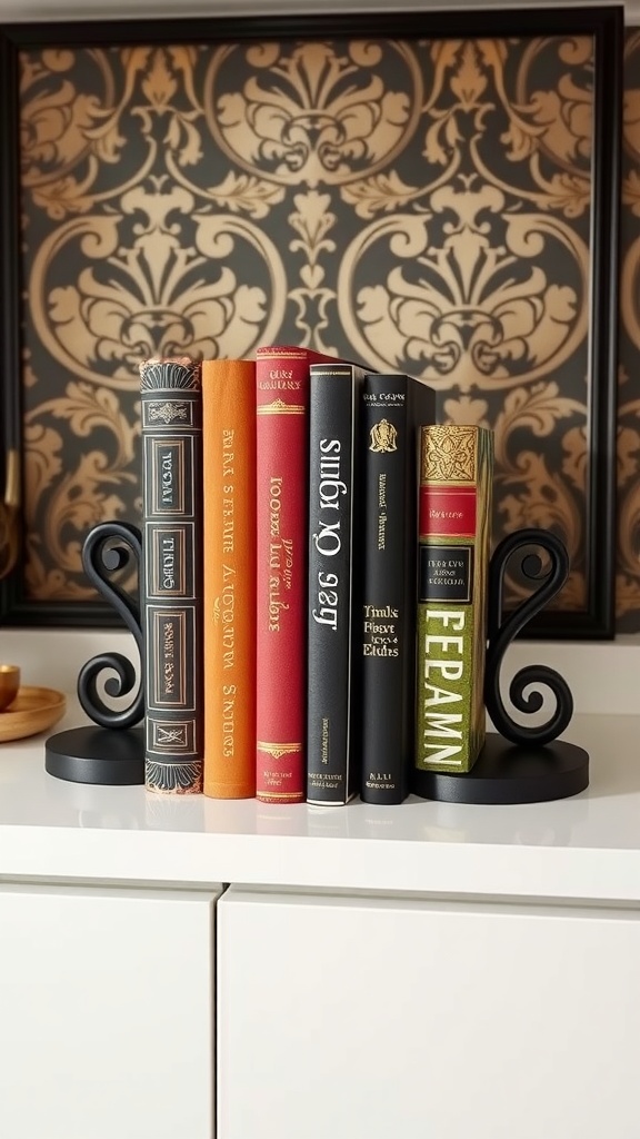 A stylish arrangement of colorful books held by elegant black bookends against an ornate background.