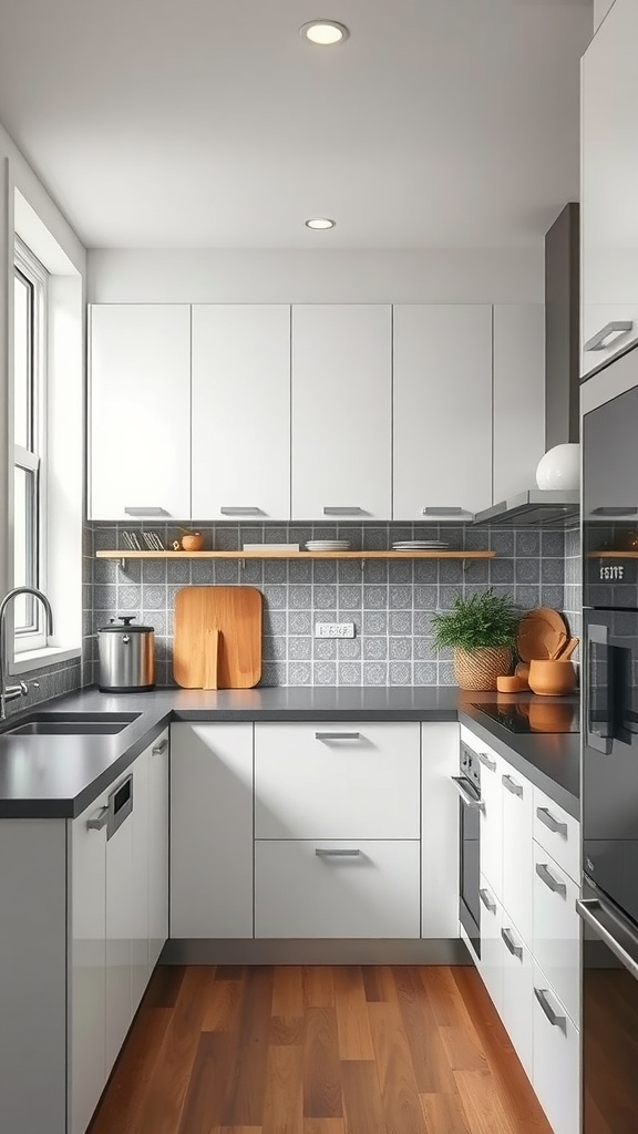 Modern luxury kitchen with white cabinets, gray tile backsplash, and wooden accents.