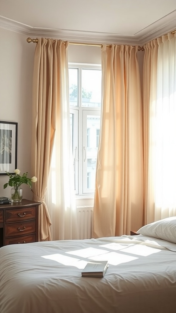 A cozy bedroom featuring soft sheer curtains that filter natural light.