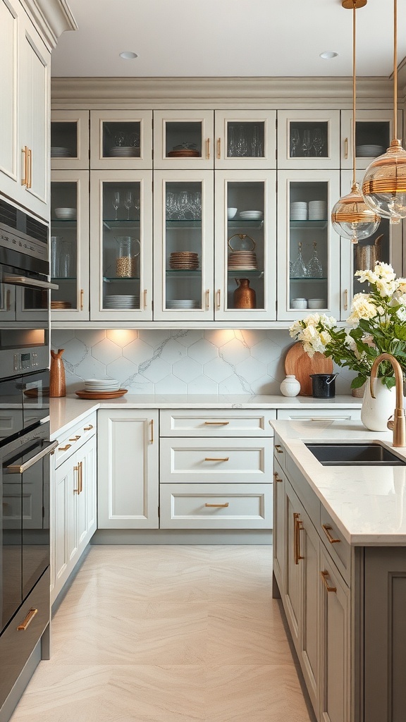 A modern luxury kitchen with custom cabinetry, featuring glass doors, gold hardware, and a stylish layout.