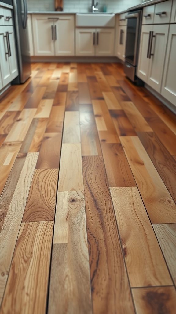 Rustic kitchen flooring with various wood grains and colors, highlighting custom inlays.