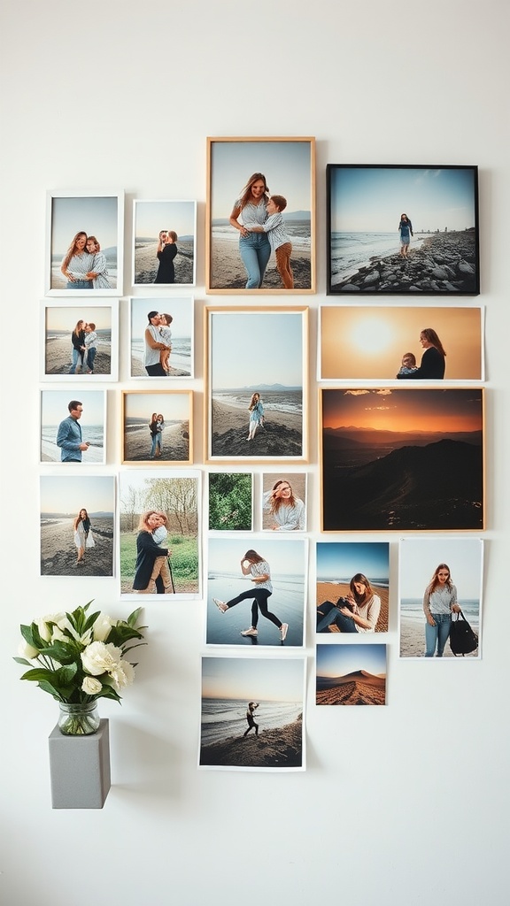 A wall collage of framed photos showcasing beach memories and personal moments, accompanied by a vase of flowers.