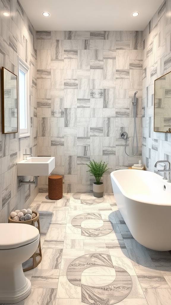 A modern bathroom featuring unique custom tile layouts on the floor and walls.