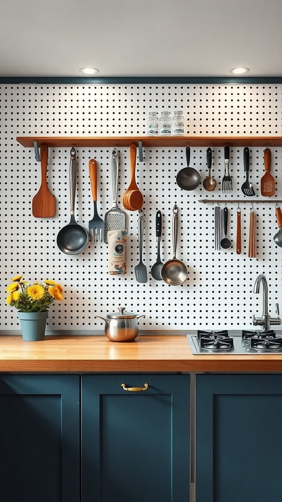 Minimalist kitchen with a pegboard wall displaying cooking tools and a small plant