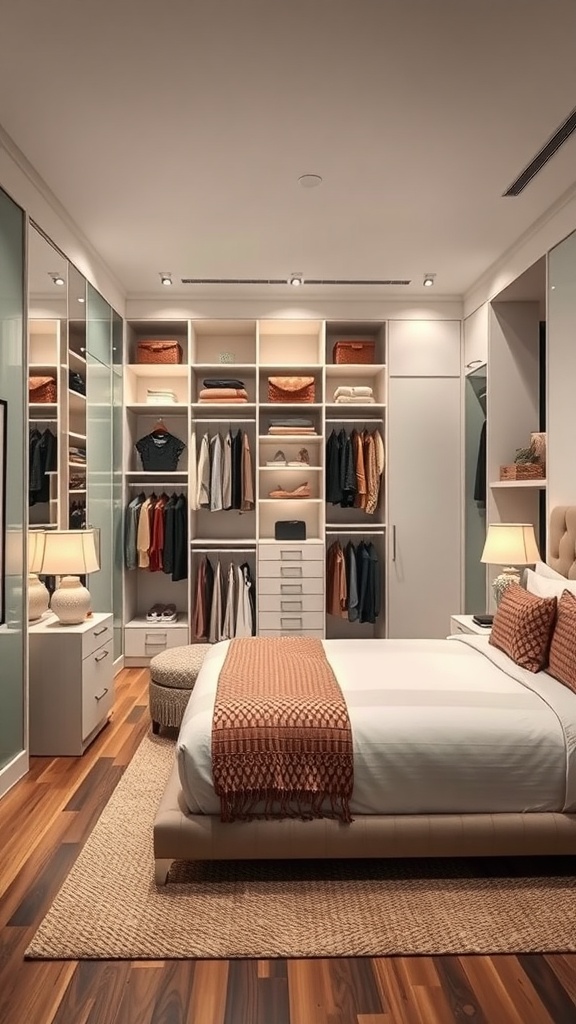 A modern luxury bedroom with a customized closet design featuring organized shelves, hanging clothes, and soft lighting.