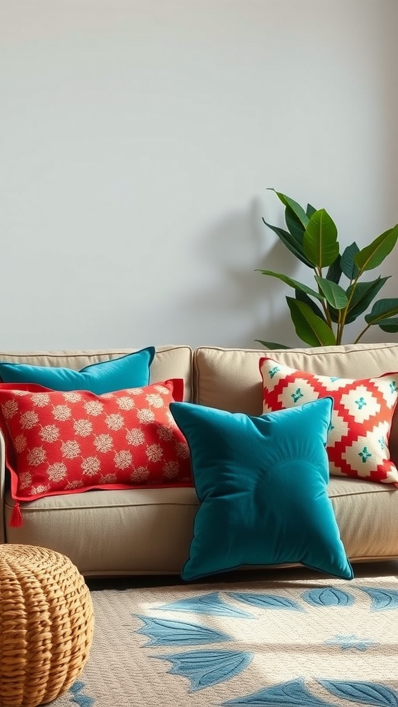 A cozy couch adorned with colorful customized throw pillows in red and turquoise patterns.