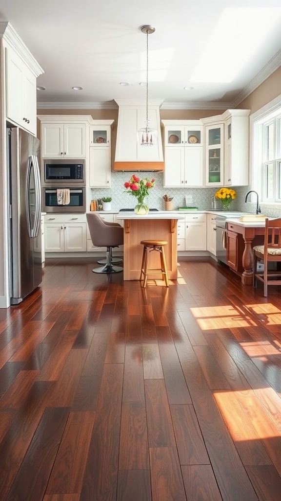 A modern rustic kitchen featuring dark stained hardwood flooring, light cabinetry, and bright sunlight.