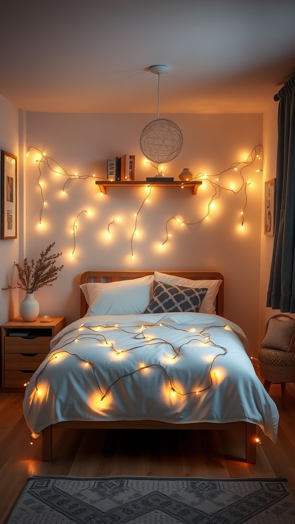 A cozy bedroom with decorative string lights adorning the walls and bed, creating a warm atmosphere.