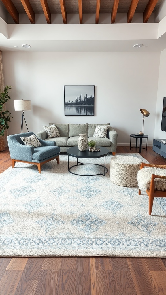 A stylish living room with a cozy area rug, modern furniture, and wooden flooring.