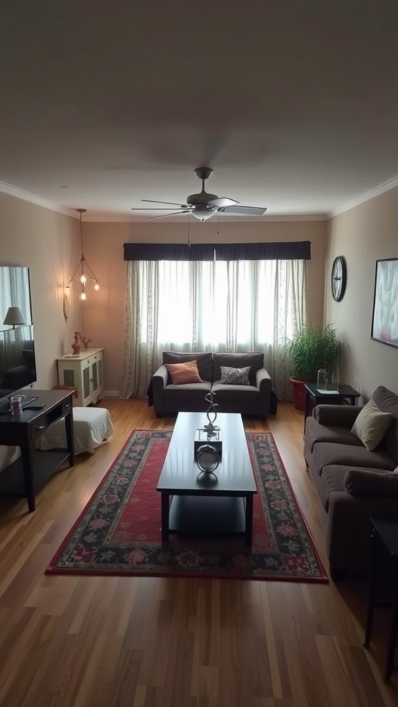 Small living room with a defined seating area using an area rug.