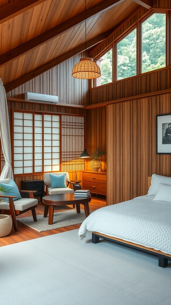 A cozy Japandi bedroom featuring wooden elements, large windows, and minimalist decor.