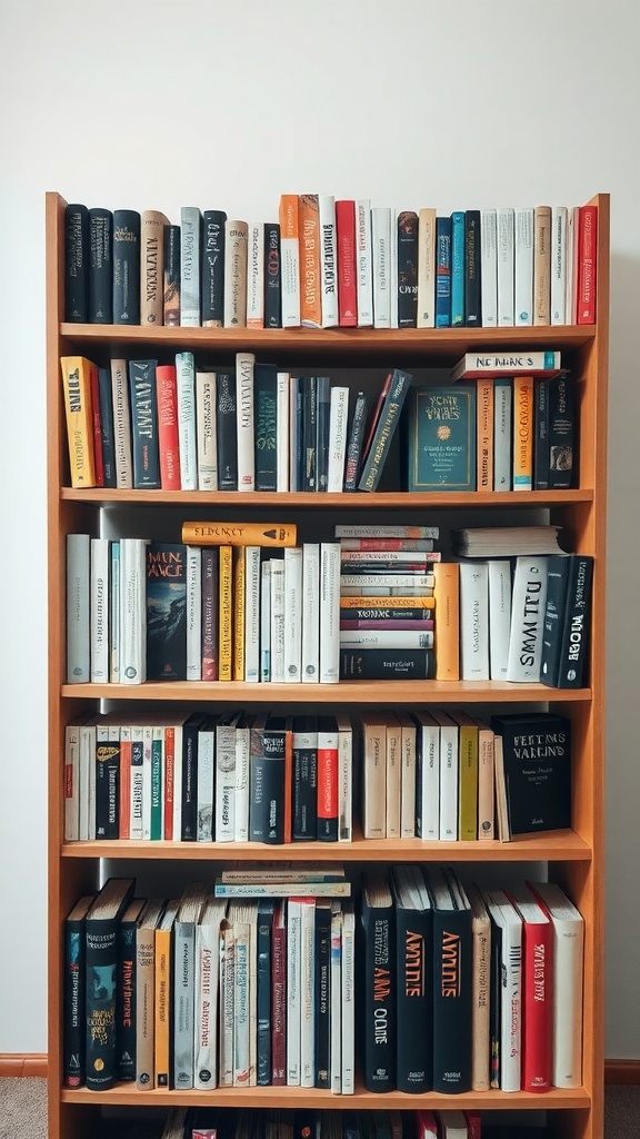 A wooden bookshelf displaying books arranged both horizontally and vertically, creating a visually balanced and interesting design.