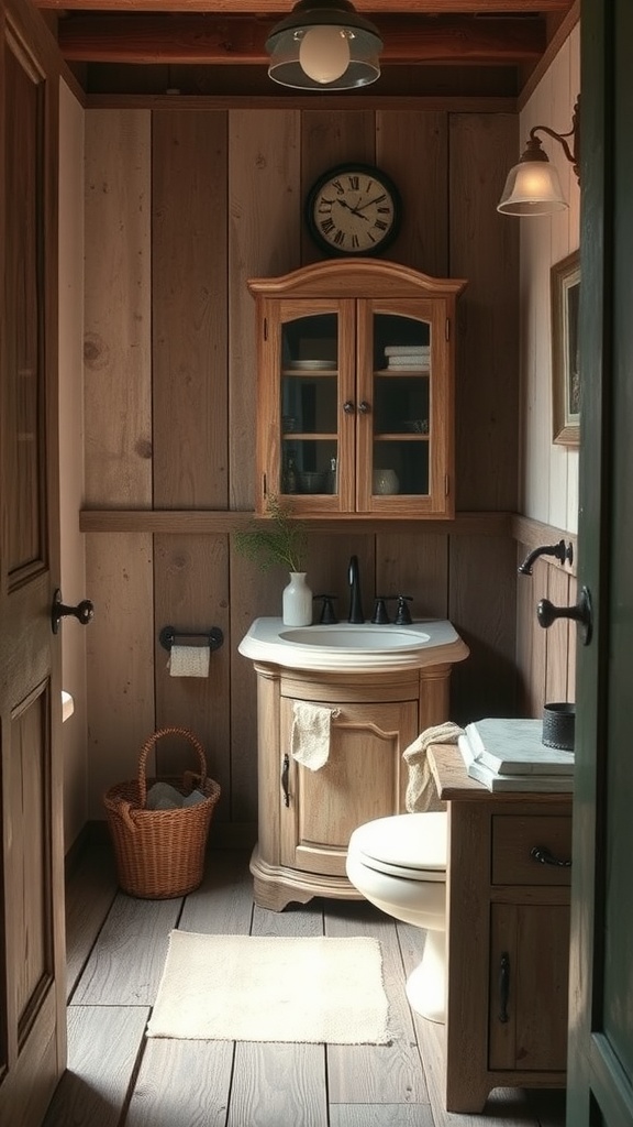 A small rustic bathroom featuring distressed finish furniture, wooden cabinet, and warm decor.