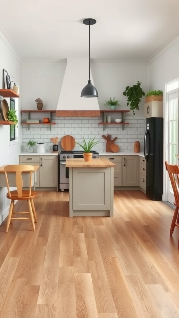 A rustic kitchen with distressed laminate flooring, light cabinets, and open shelving.