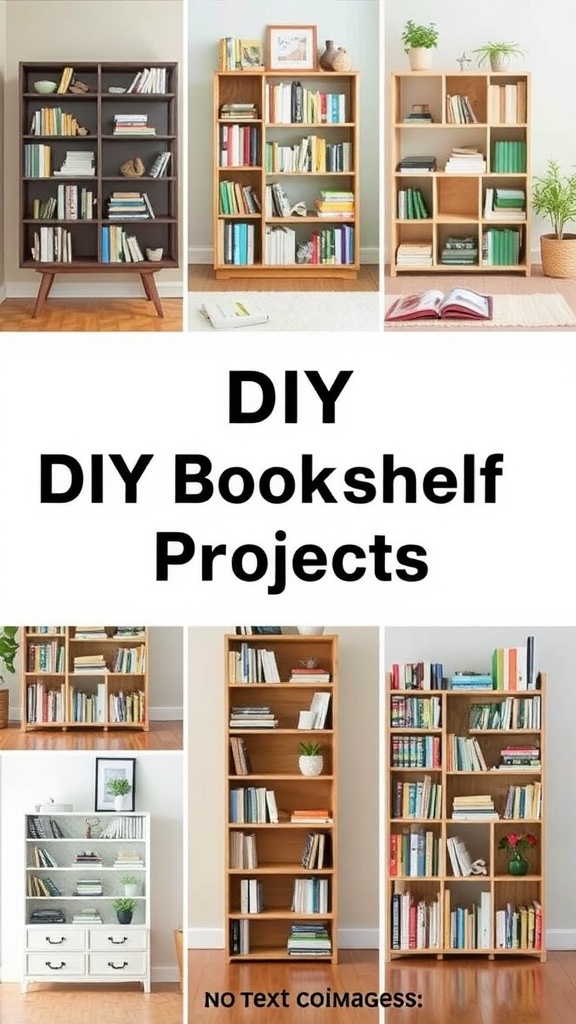 A collage of various DIY bookshelf projects showcasing different styles and designs.