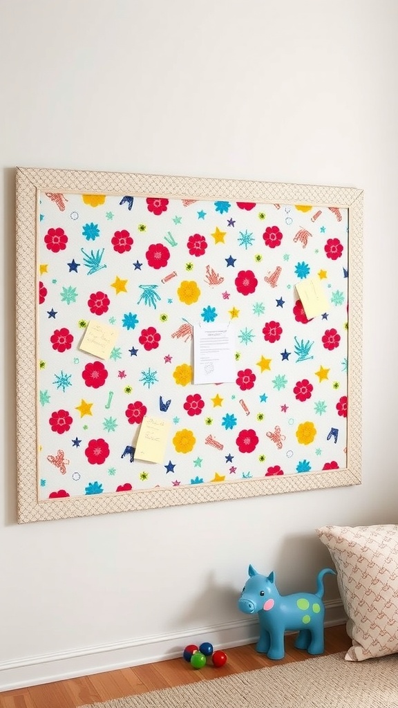 A colorful fabric-covered bulletin board with various flower and star patterns, displaying notes and reminders, alongside a playful blue toy pig.