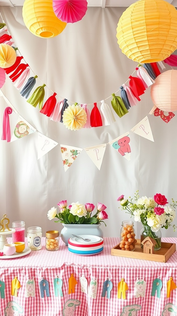 Colorful DIY fabric garland decoration hanging above a table