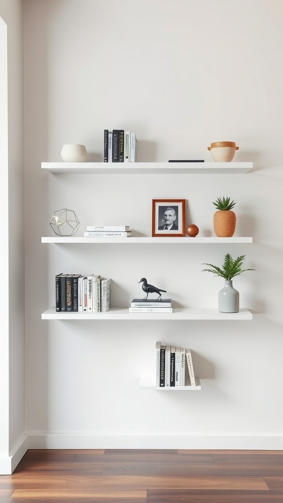 A set of three white floating shelves adorned with books, decorative items, and a plant on a light wall.