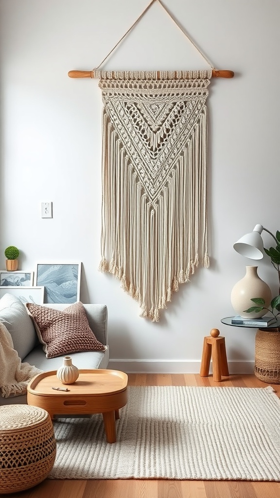 A macrame wall hanging displayed in a stylish living room setting, featuring a light wall, natural wood tones, and cozy decor elements.