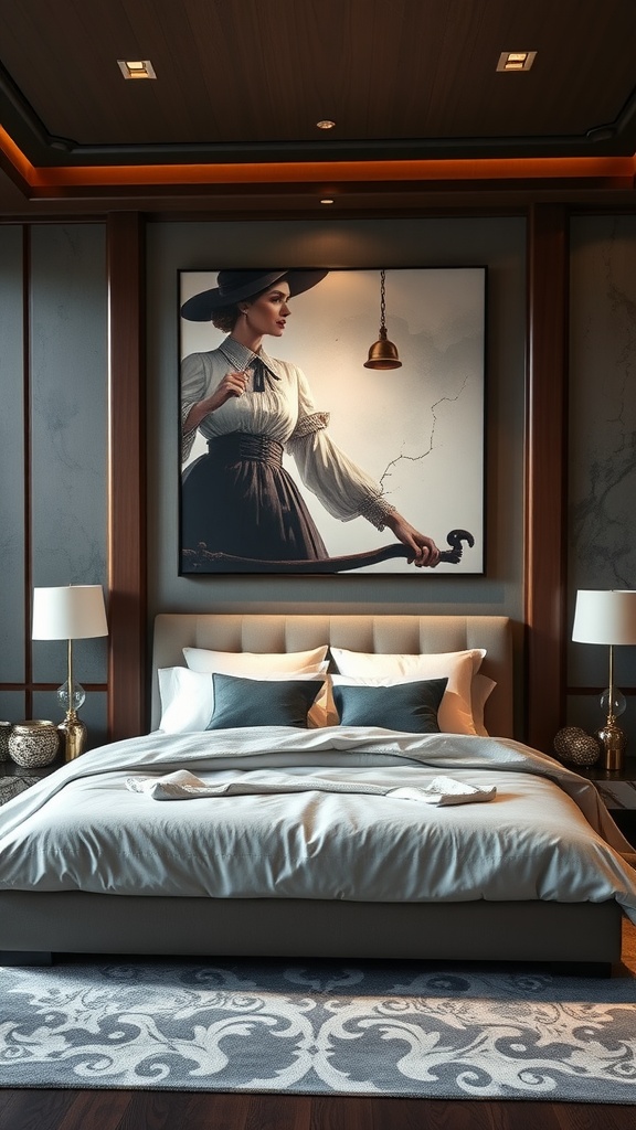 A modern luxury bedroom featuring dramatic artwork of a woman in elegant attire, creating a striking focal point.