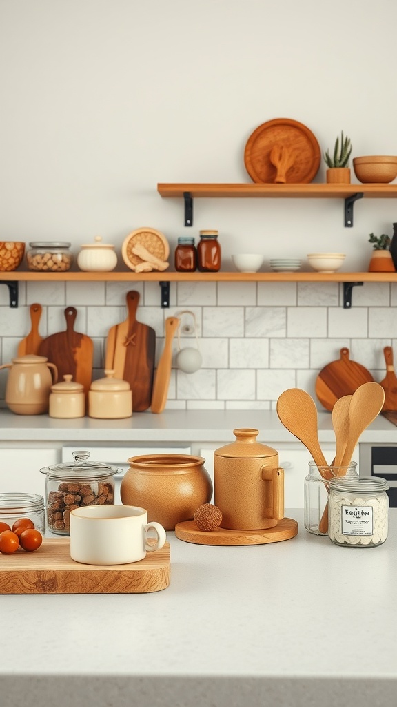 A cozy kitchen featuring earthy tones, wooden shelves, and ceramic kitchenware.