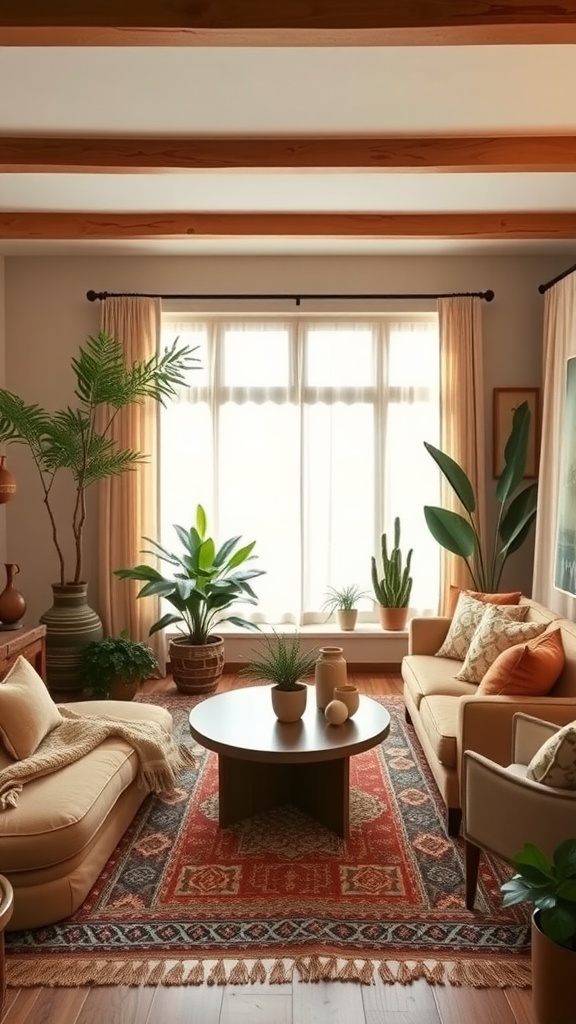 A cozy boho living room with earthy colors, plants, and warm furnishings.