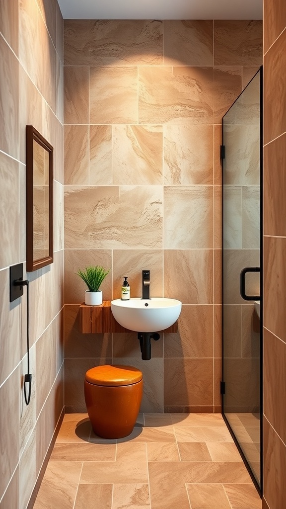 Modern bathroom featuring earthy toned tiles and a stylish design.