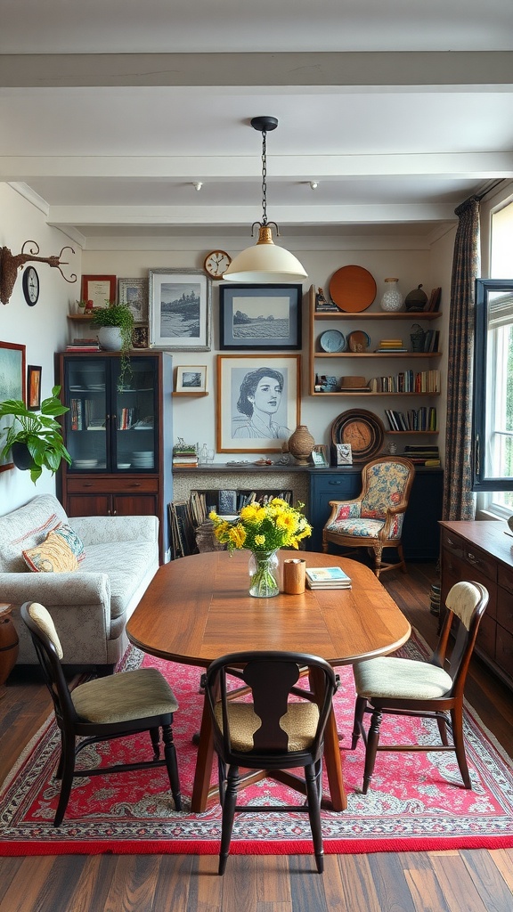 A cozy living room and dining room combo with a wooden table, eclectic decor, and a warm rug.