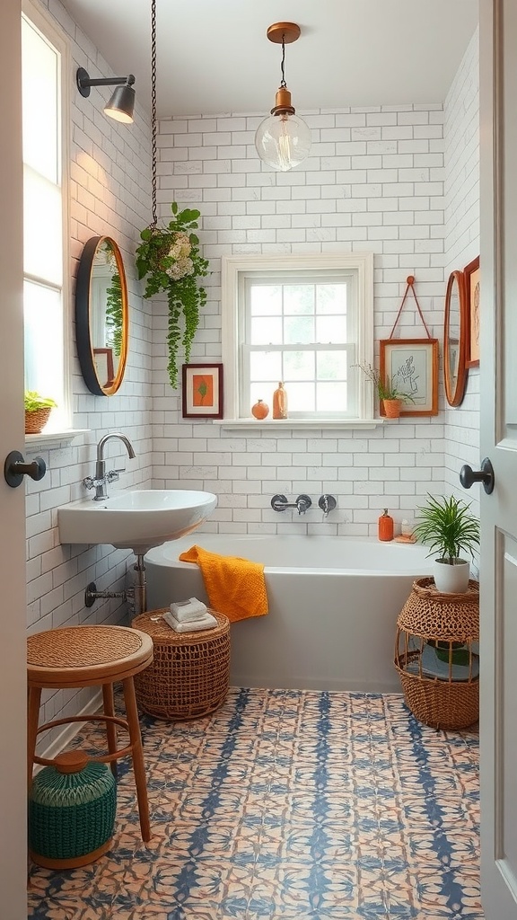 A cozy bathroom featuring unique vinyl flooring, soft pastel colors, and an eclectic mix of textures in decor.