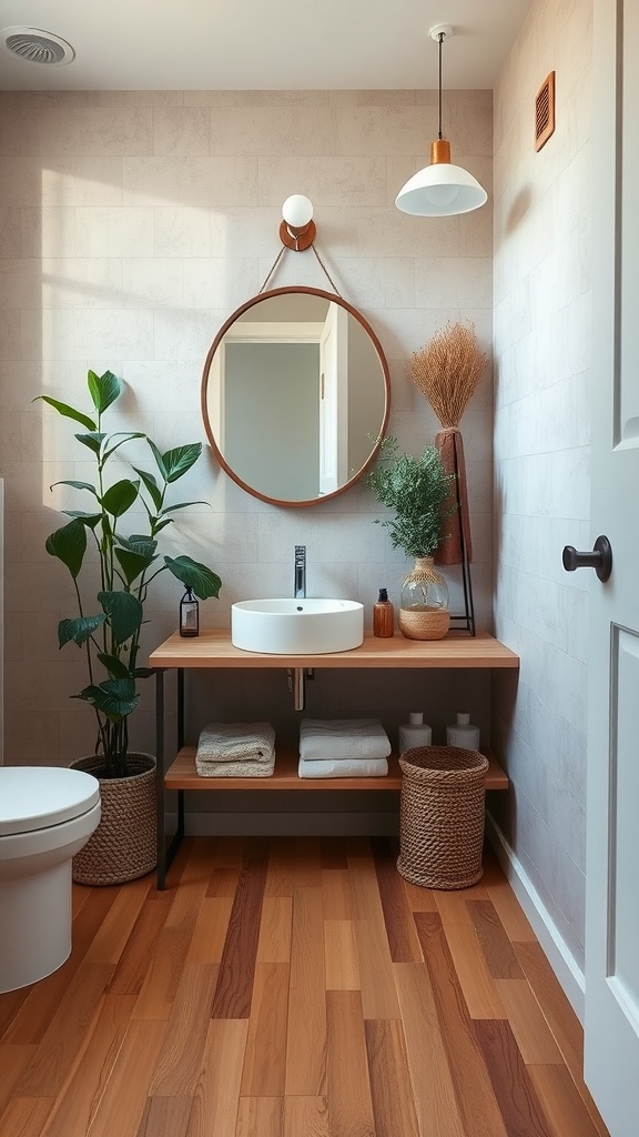 A stylish bathroom with bamboo flooring, modern fixtures, and green plants.