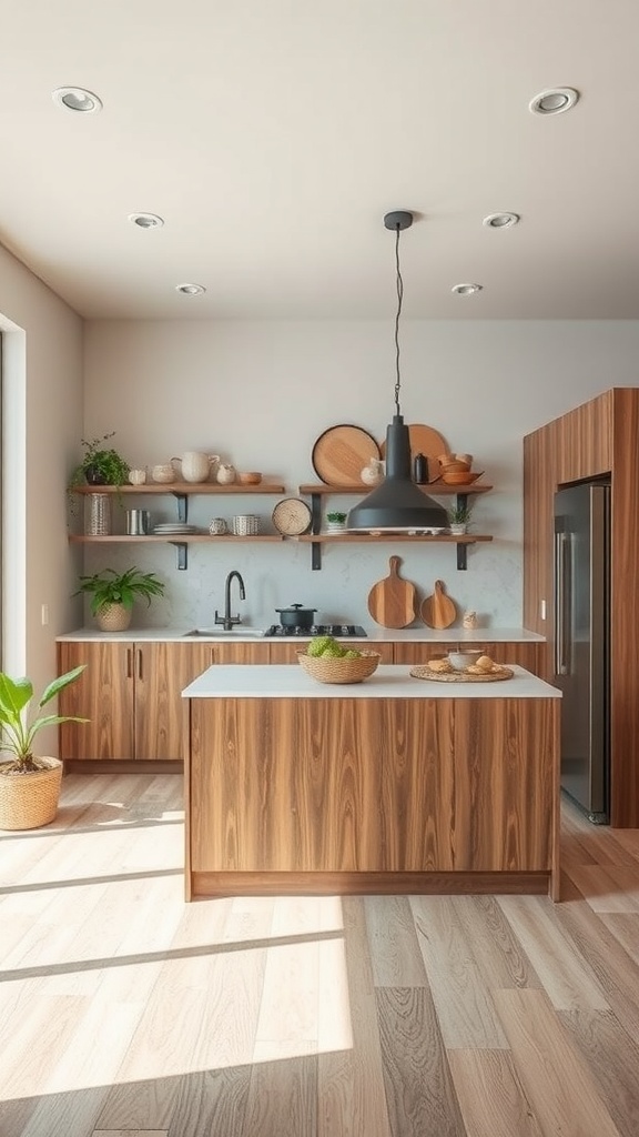 Modern kitchen featuring eco-friendly materials with wooden cabinets and open shelving.