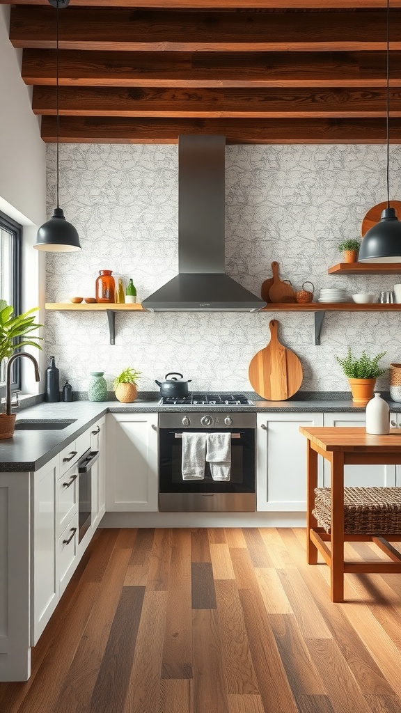 A stylish kitchen featuring a combination of wooden flooring and modern tiles, with plants and decorative items on the shelves.